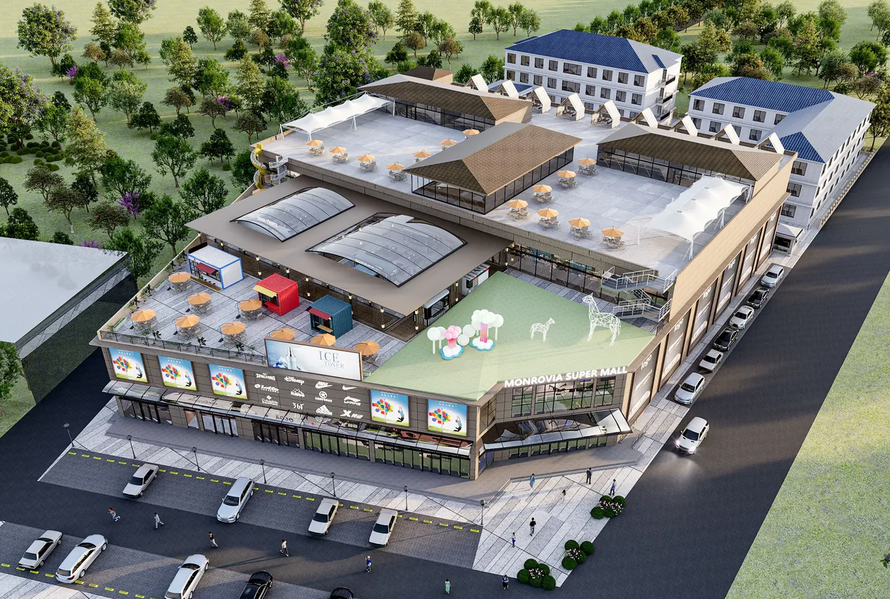 Aerial concept render of Monrovia Super Mall with rooftop gardens
