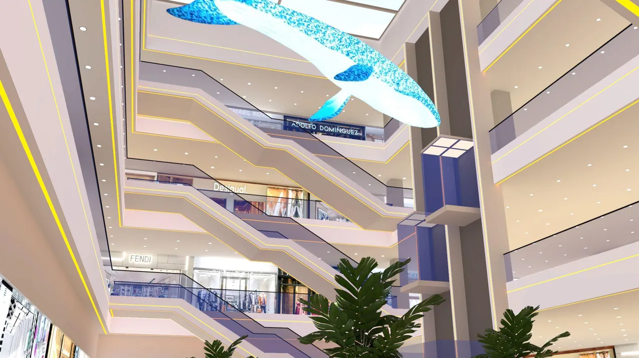 Rendered view of the four-storey atrium with panoramic elevators
