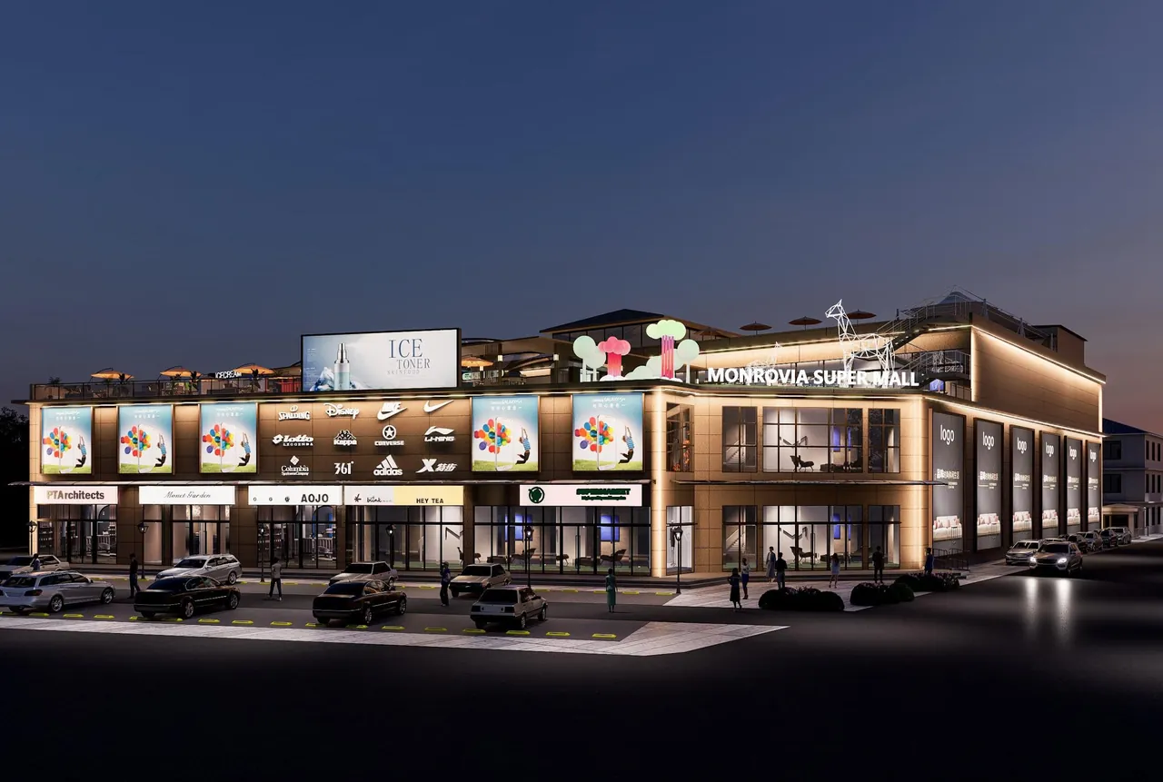 Monrovia Super Mall at night, exterior design render