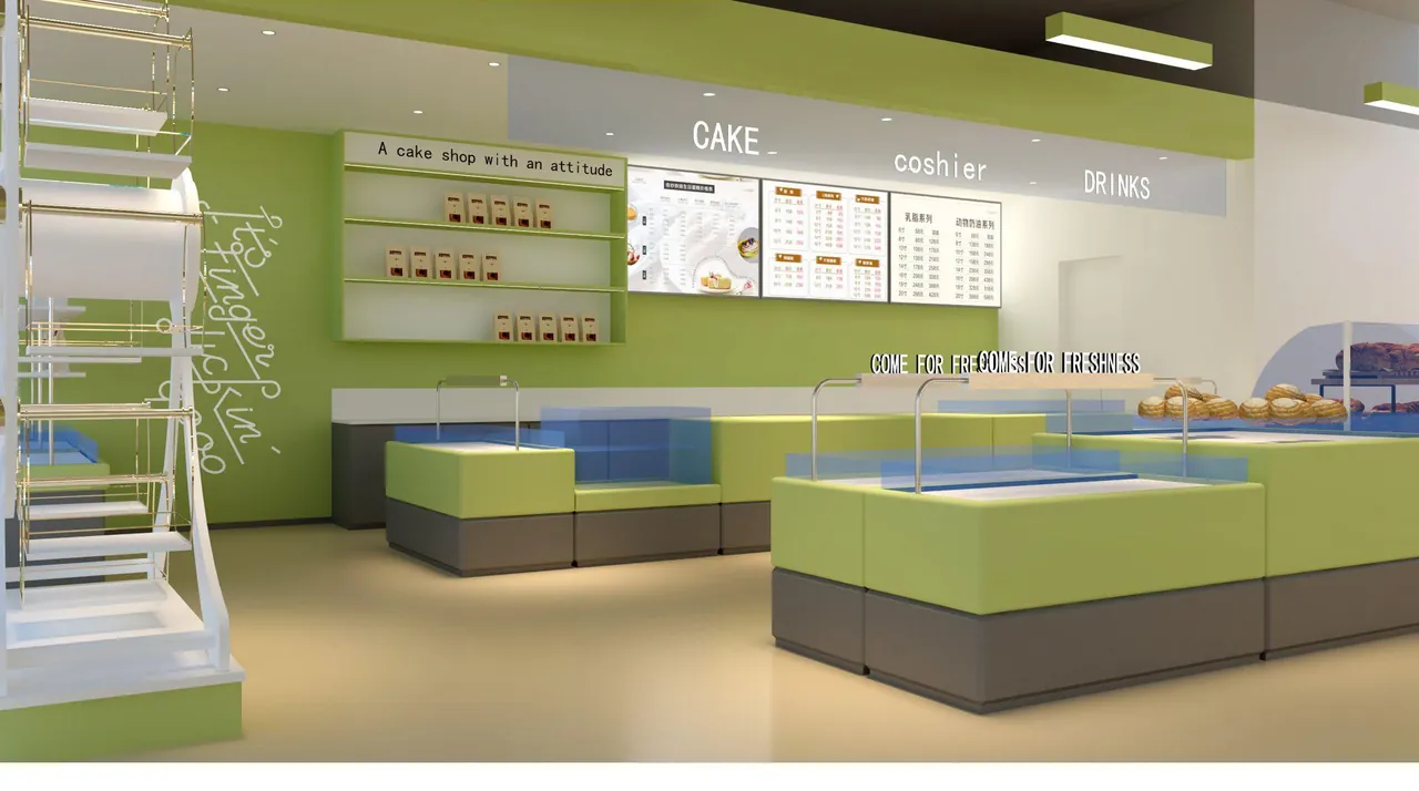 Rendered bakery counter with cake display
