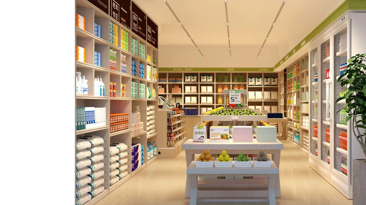 Rendered boutique interior with warm shelving
